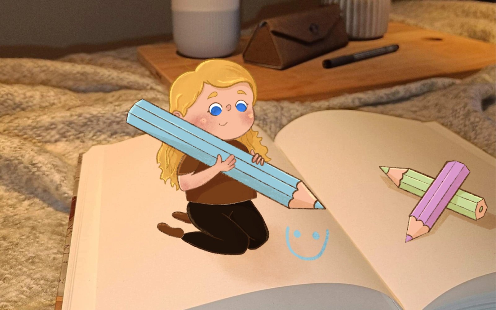 Tegning lavet i Procreate af en pige som sidder oven på en bog og tegner med blyanter