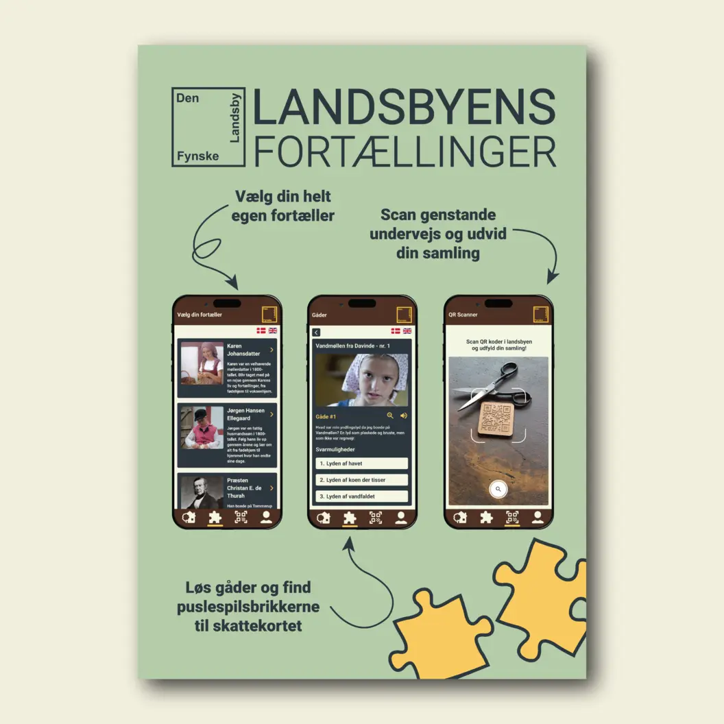 Plakat med Landsbyens Fortællinger app fremvist